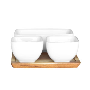 3 Condiment Bowls on Wooden Tray